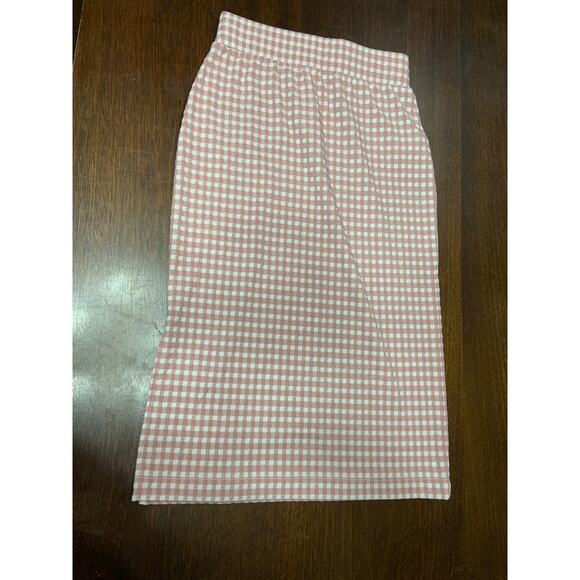 Preppy Light Academia Twee Midi Skirt Women Small Slit Gingham Pink Skater Soft - Picture 3 of 8